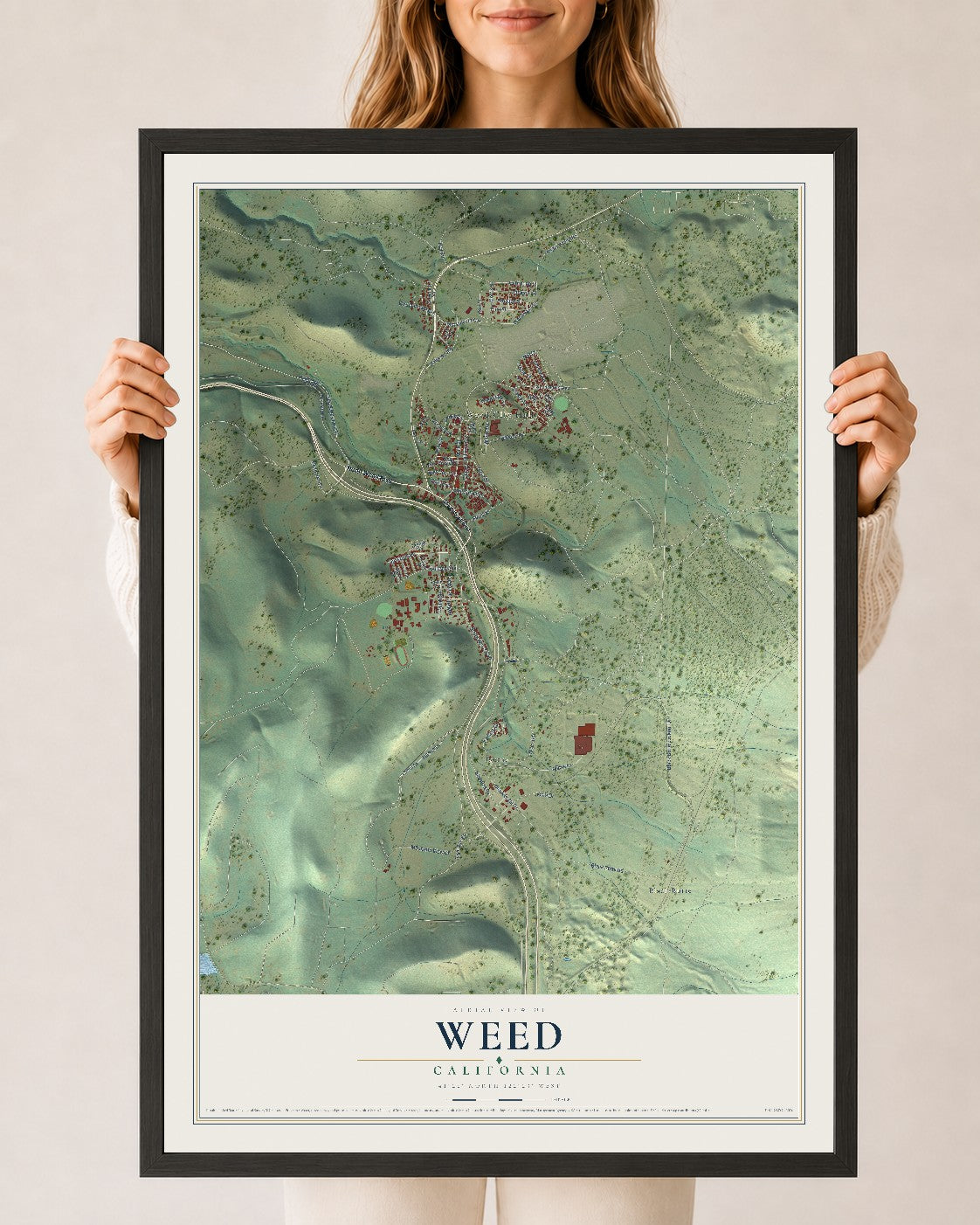 Map of Weed, California, 24 x 36 inch print in a black wood frame
