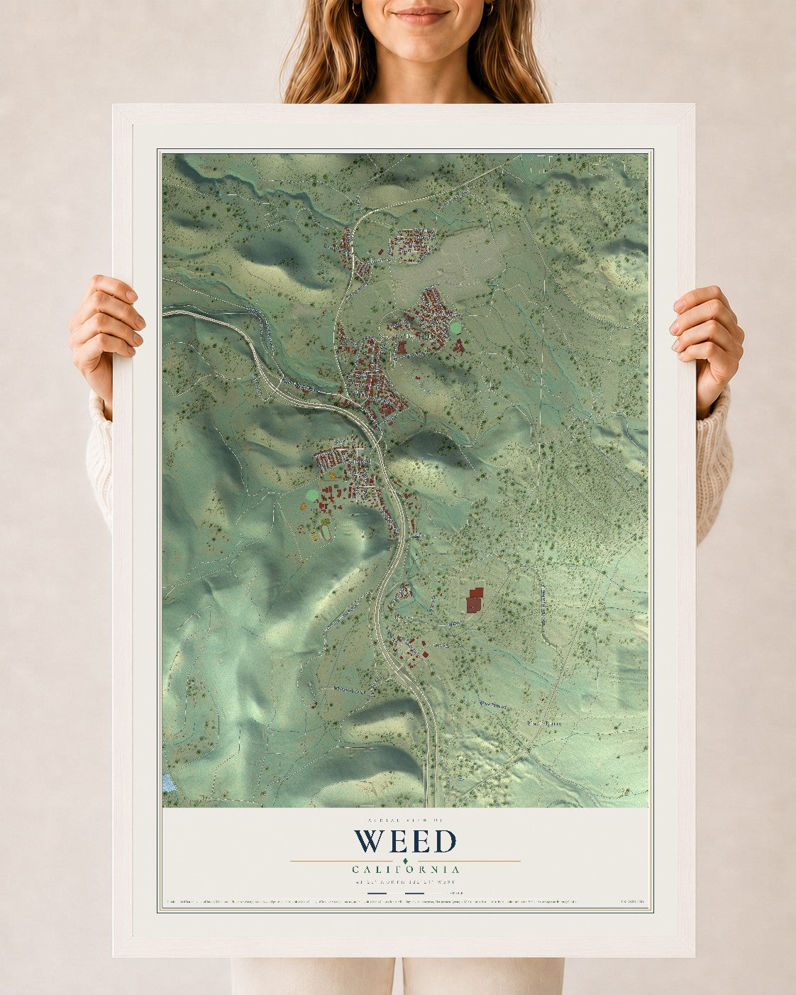 Map of Weed, California, 24 x 36 inch print in a white wood frame