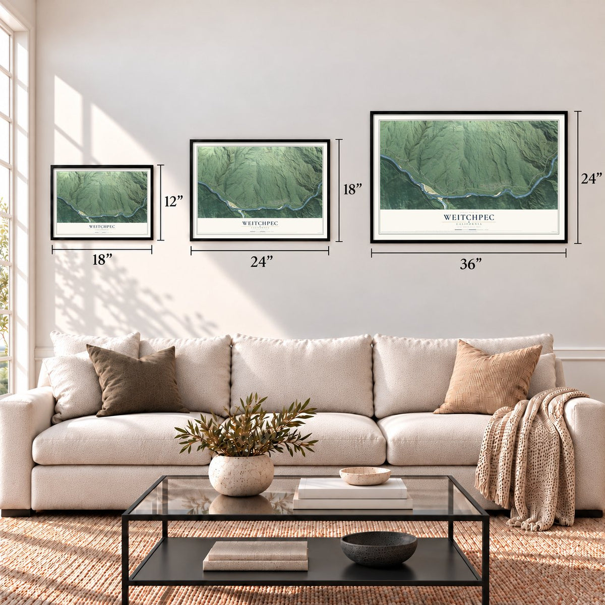 Weitchpec, California map in 12 x 18, 18 x 24 and 24 x 36 inch sizes above a sofa