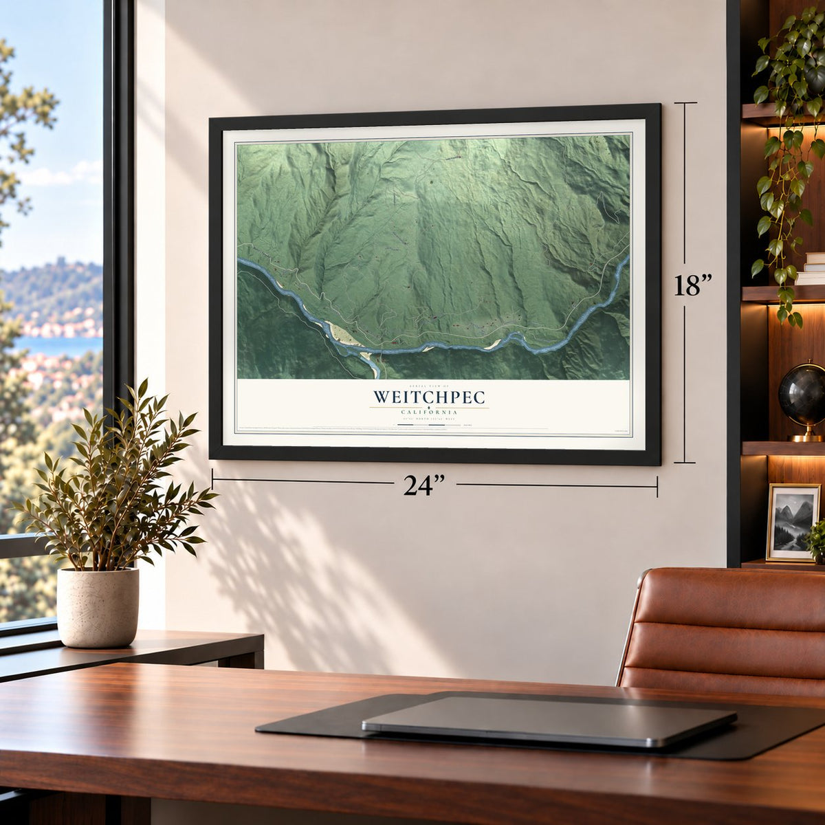 Weitchpec, California map, 18 x 24 inch print in a black frame in a home office