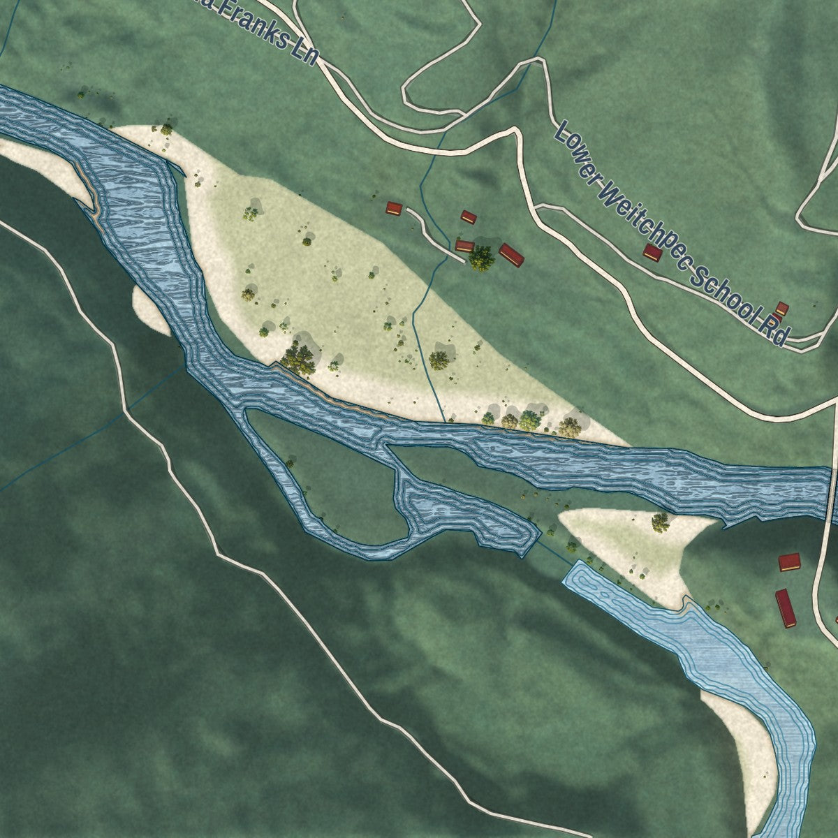 Close-up of the map of Weitchpec, California print showing street and building detail