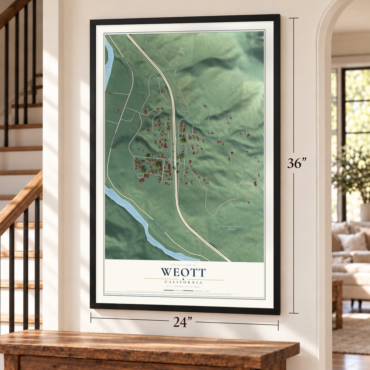 Weott, California map, 24 x 36 inch print in a black frame by a staircase