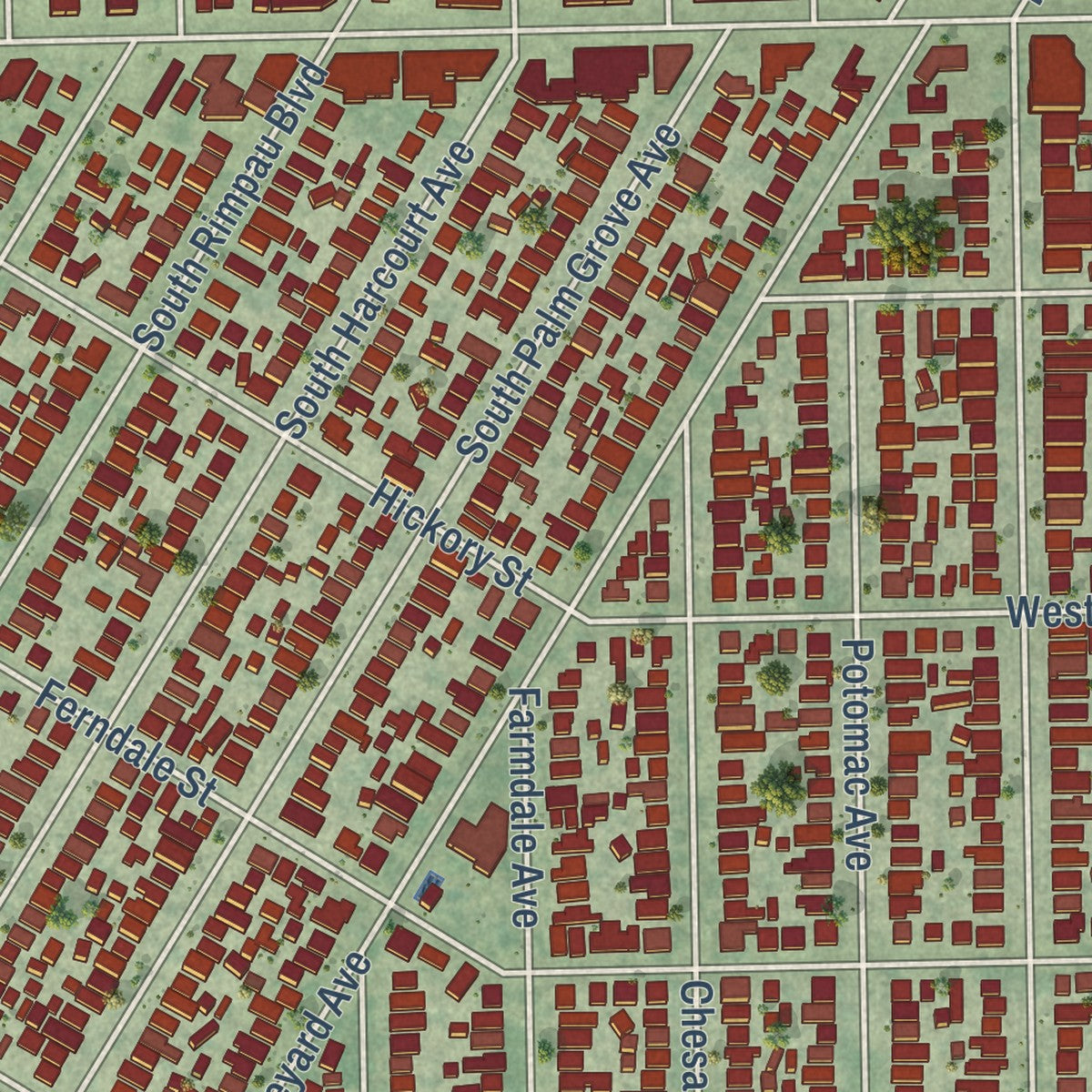 Close-up of the map of West Adams, California print showing street and building detail