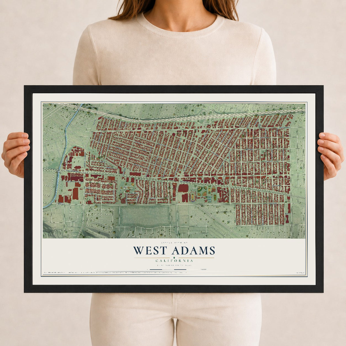Map of West Adams, California, 12 x 18 inch print in a black wood frame