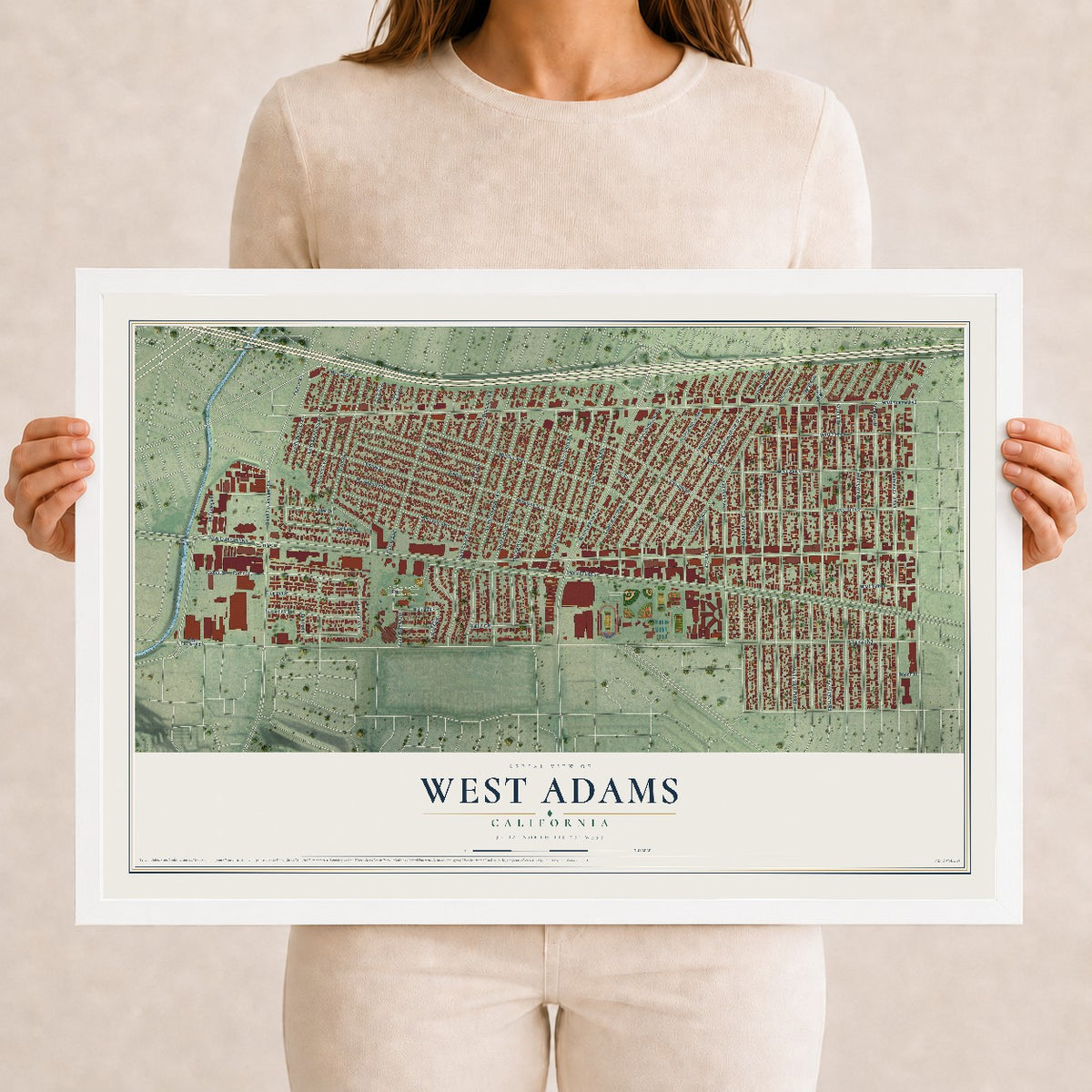 Map of West Adams, California, 12 x 18 inch print in a white wood frame