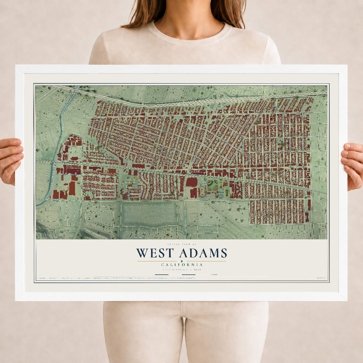 Map of West Adams, California, 18 x 24 inch print in a white wood frame