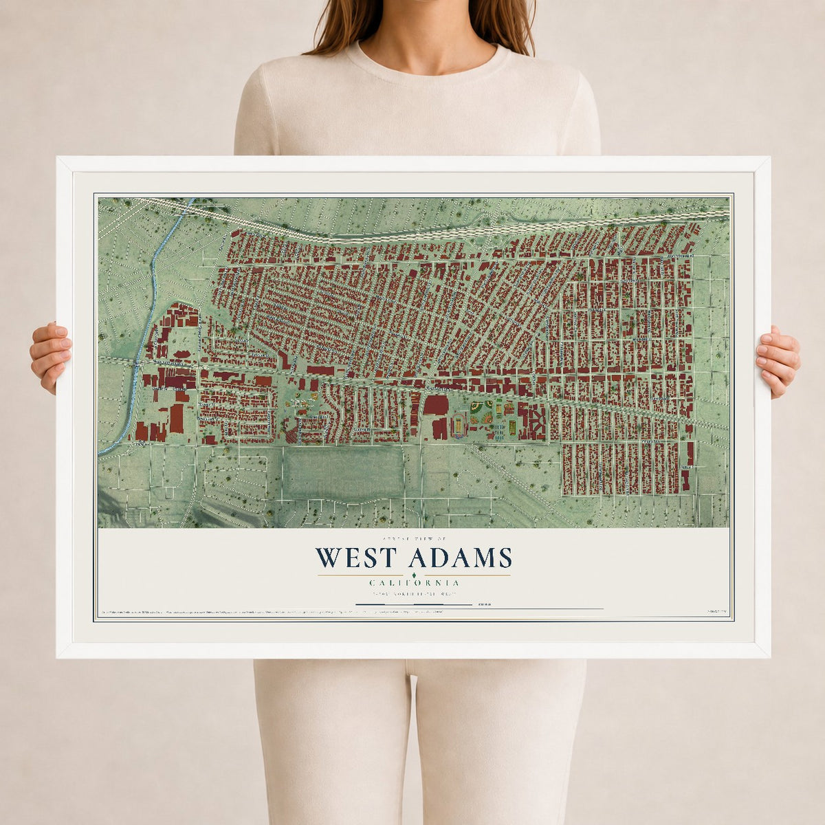 Map of West Adams, California, 24 x 36 inch print in a white wood frame