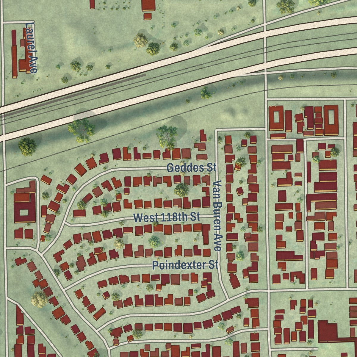 Close-up of the map of West Athens, California print showing street and building detail