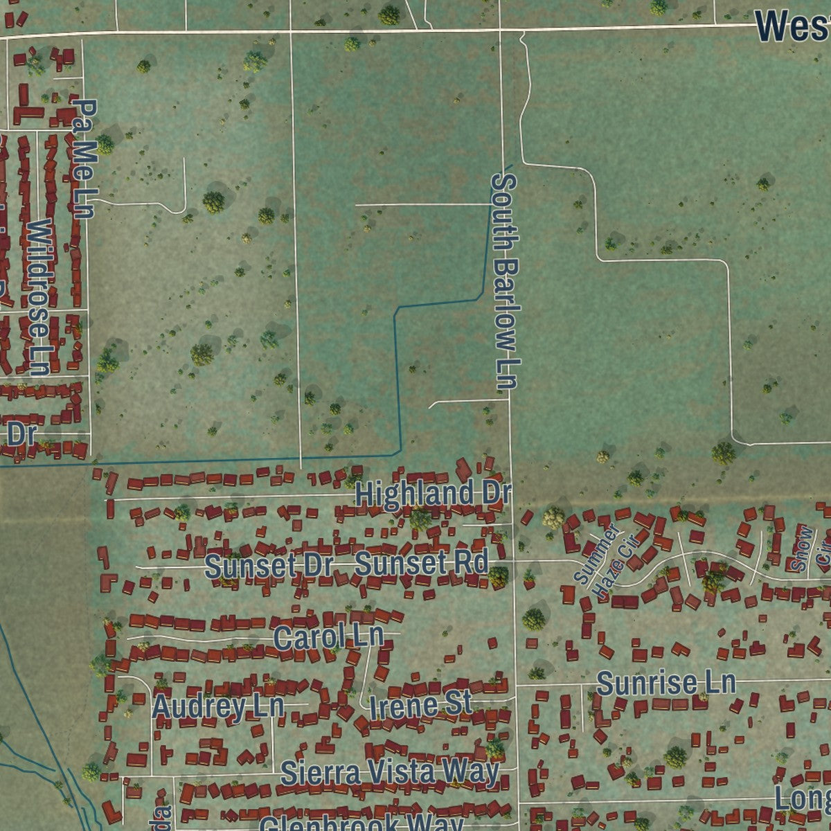 Close-up of the map of West Bishop, California print showing street and building detail