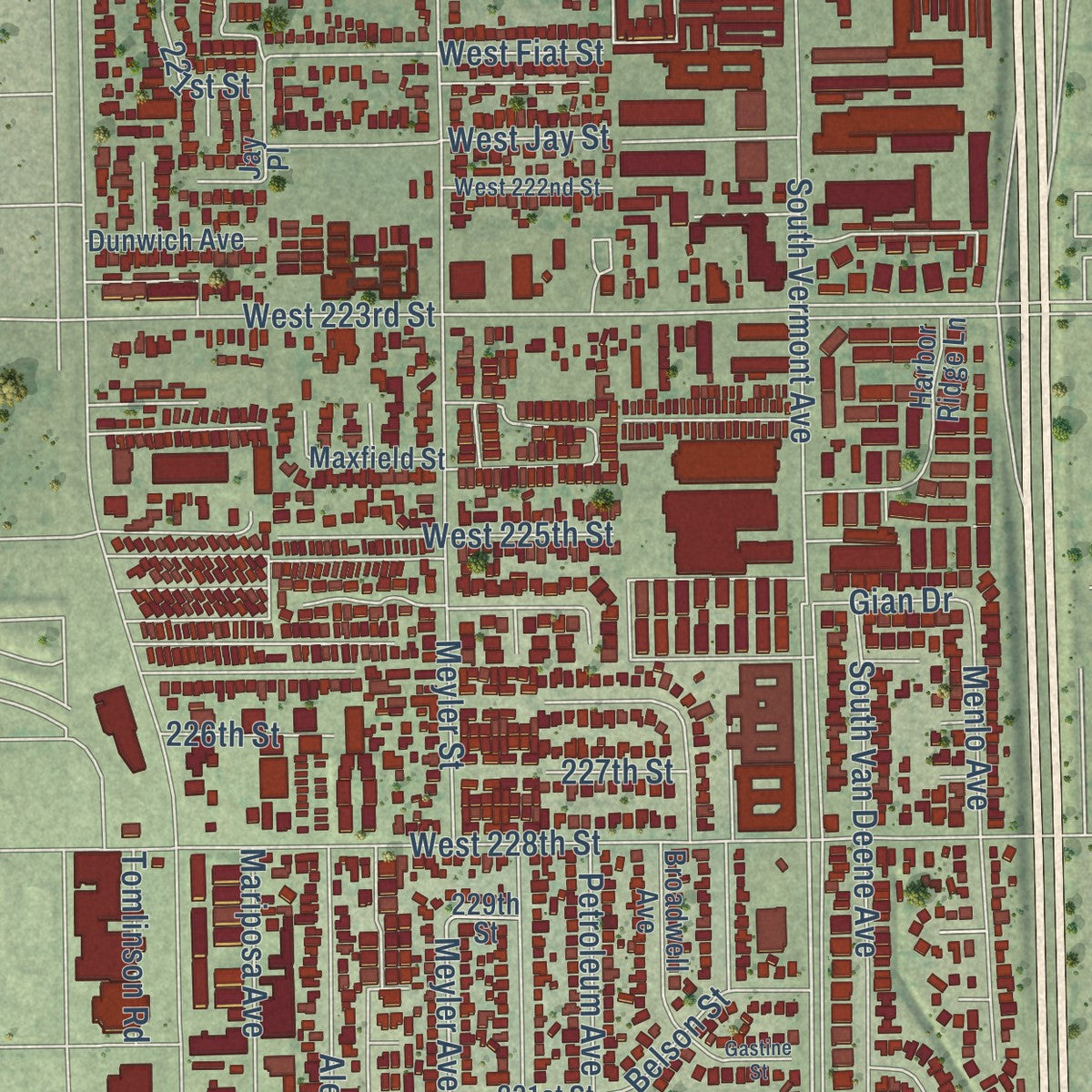 Close-up of the map of West Carson, California print showing street and building detail