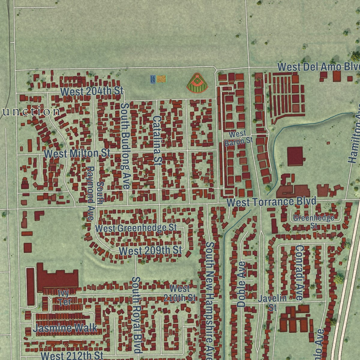 Second close-up of the map of West Carson, California print showing more streets and buildings