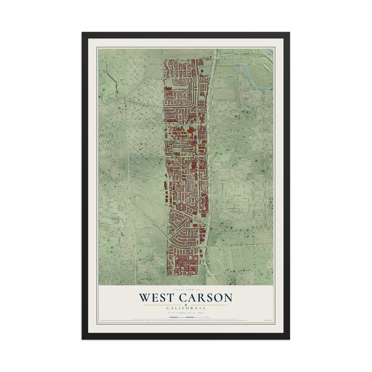Map of West Carson, California, 12 x 18 inch print in a black wood frame