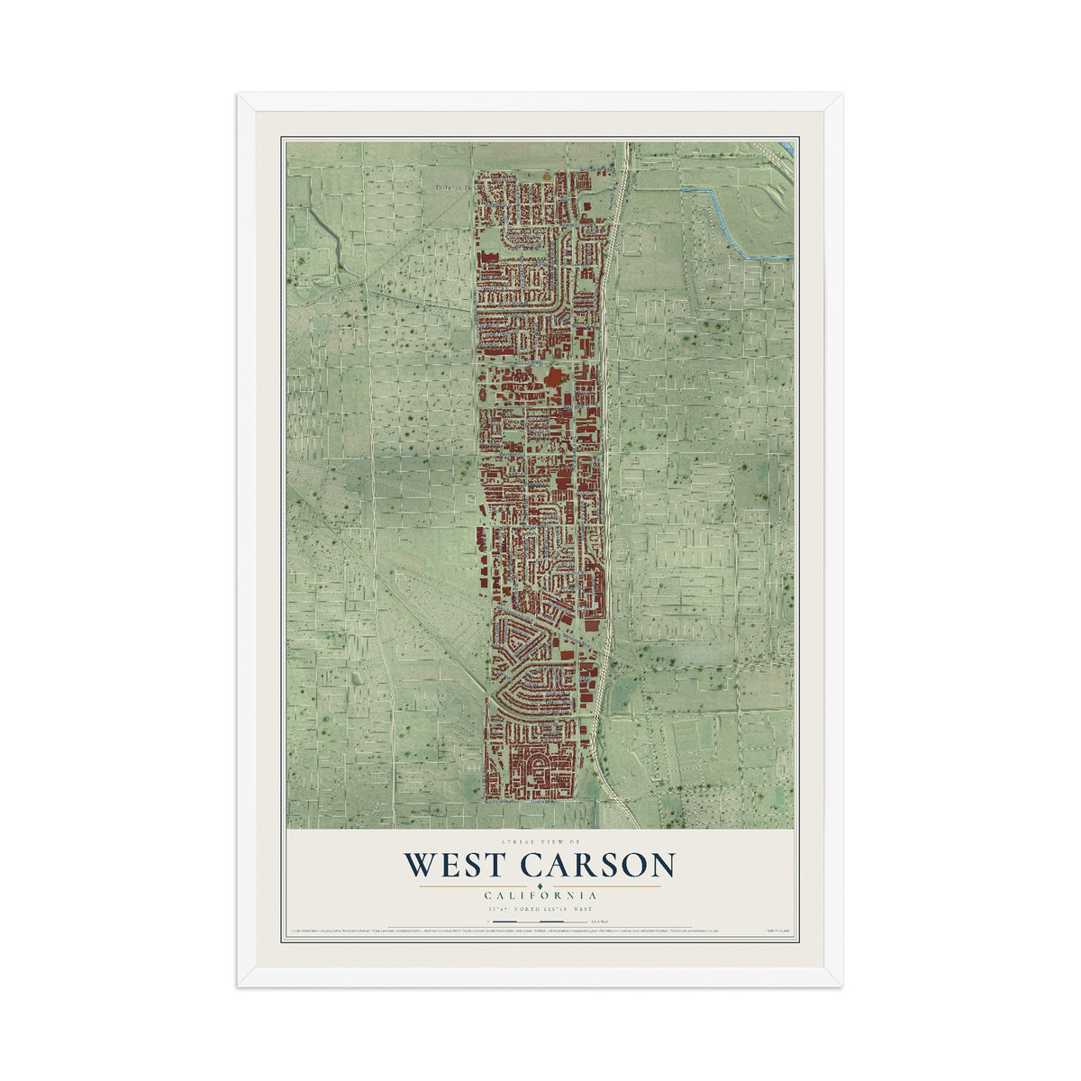 Map of West Carson, California, 12 x 18 inch print in a white wood frame