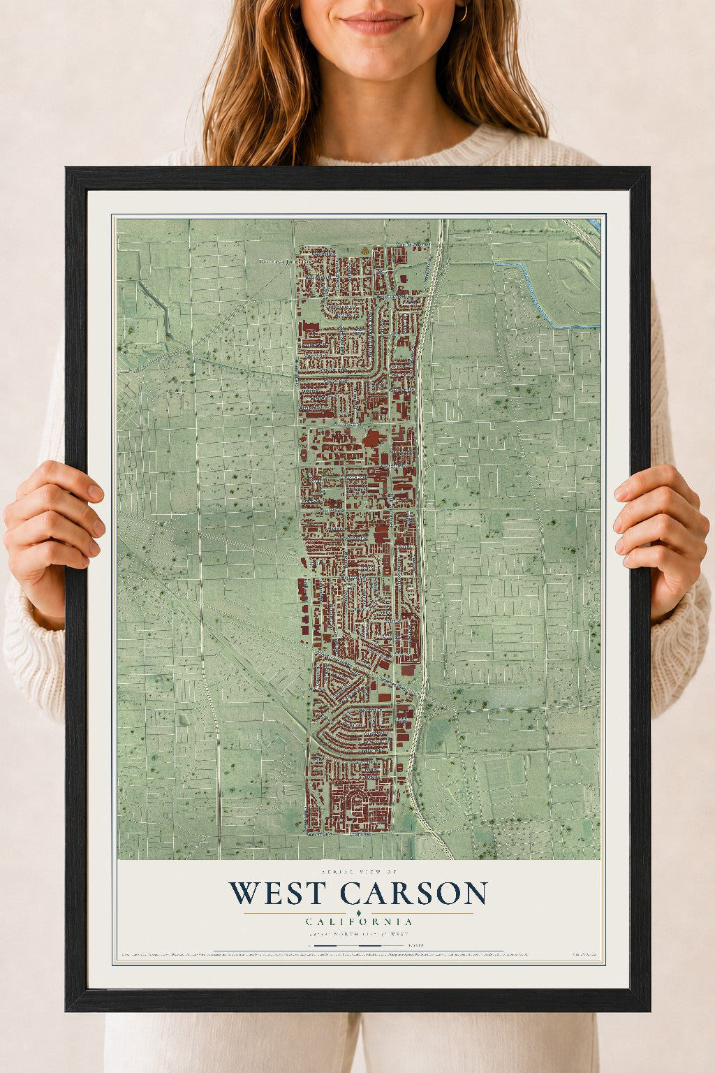 Map of West Carson, California, 18 x 24 inch print in a black wood frame