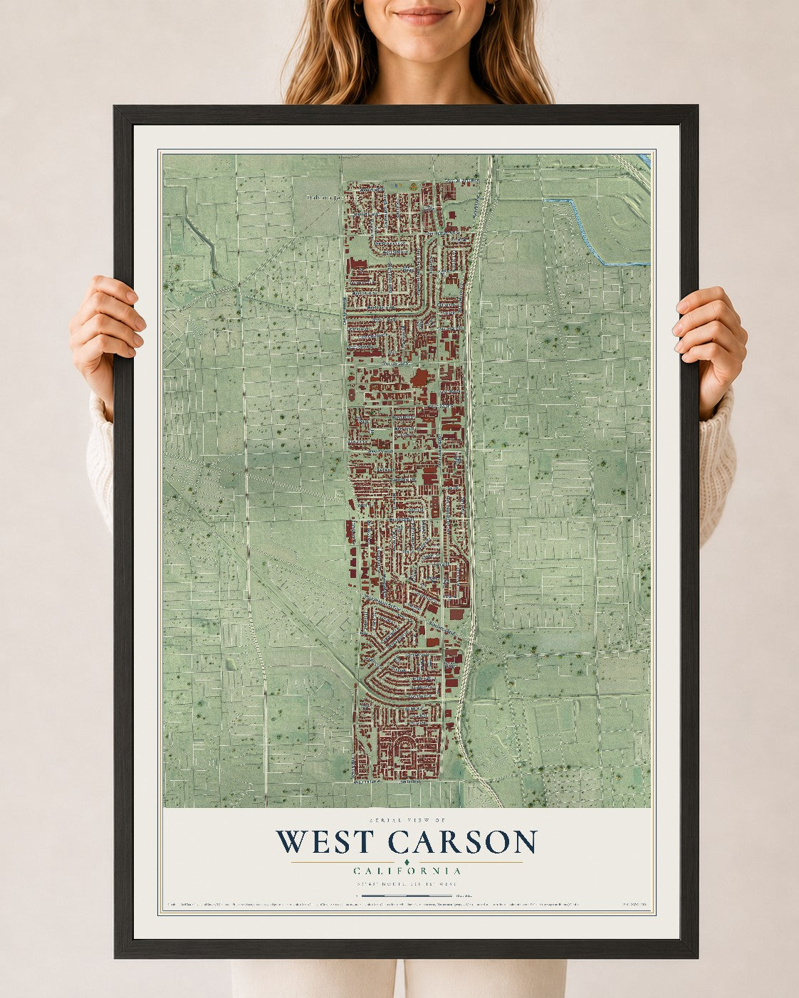 Map of West Carson, California, 24 x 36 inch print in a black wood frame