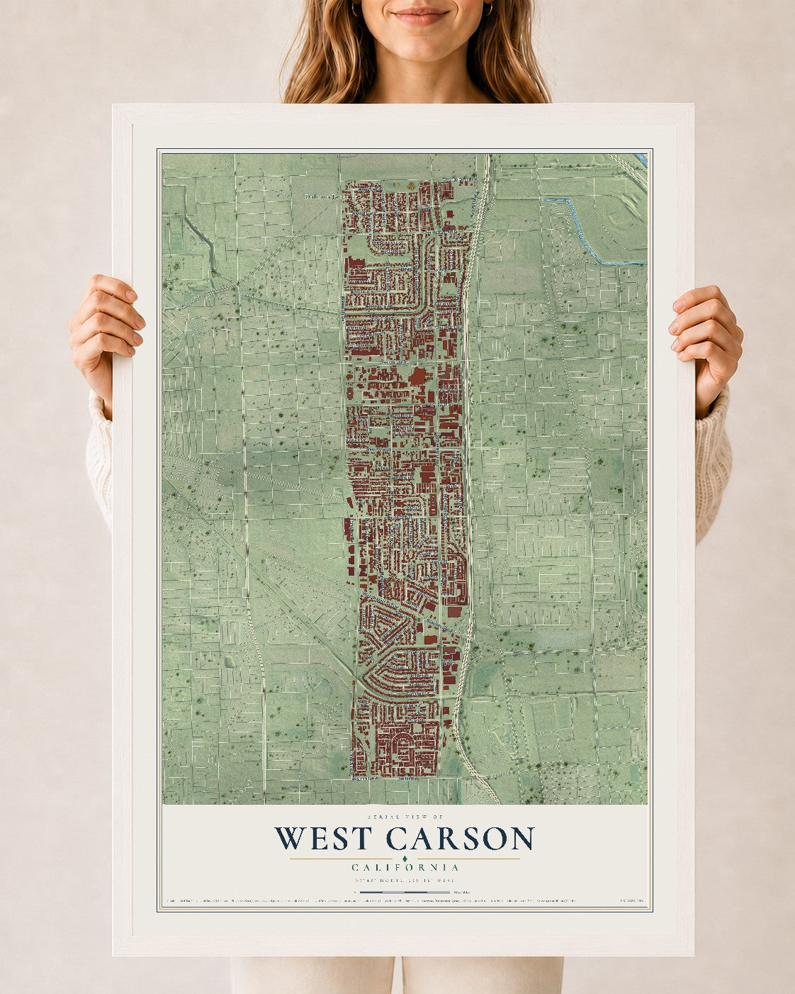 Map of West Carson, California, 24 x 36 inch print in a white wood frame
