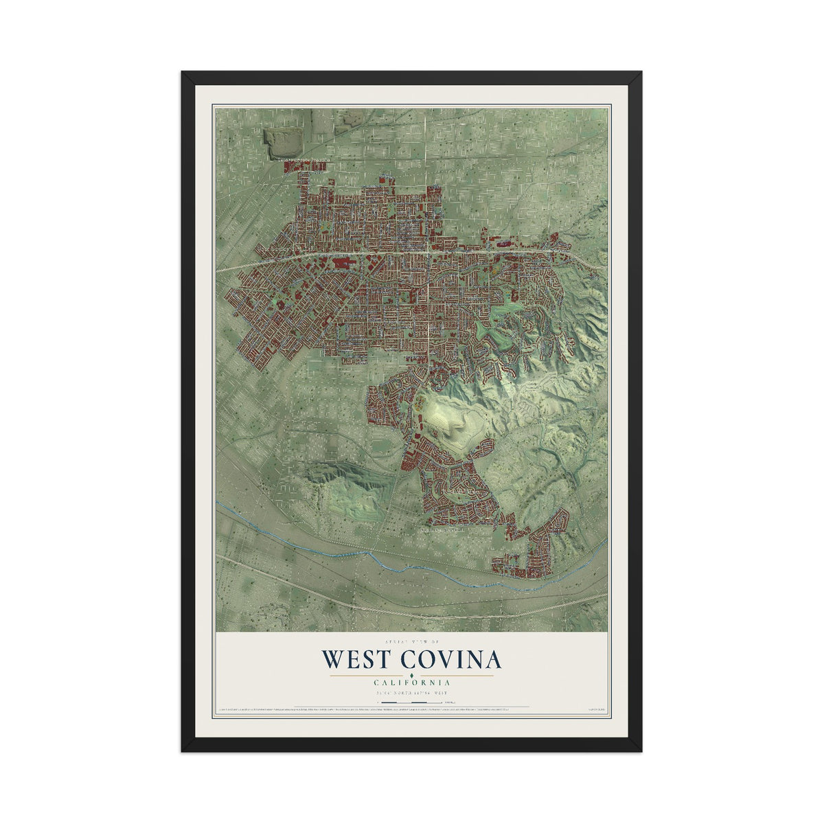 Map of West Covina, California, 12 x 18 inch print in a black wood frame