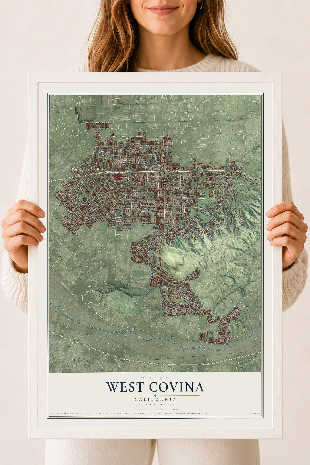 Map of West Covina, California, 18 x 24 inch print in a white wood frame