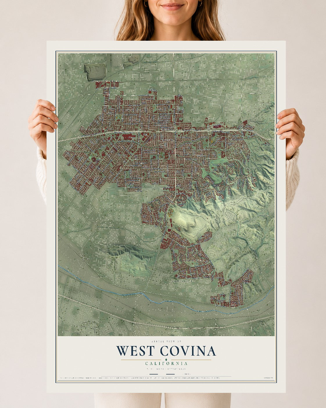 Map of West Covina, California, 24 x 36 inch unframed archival matte print