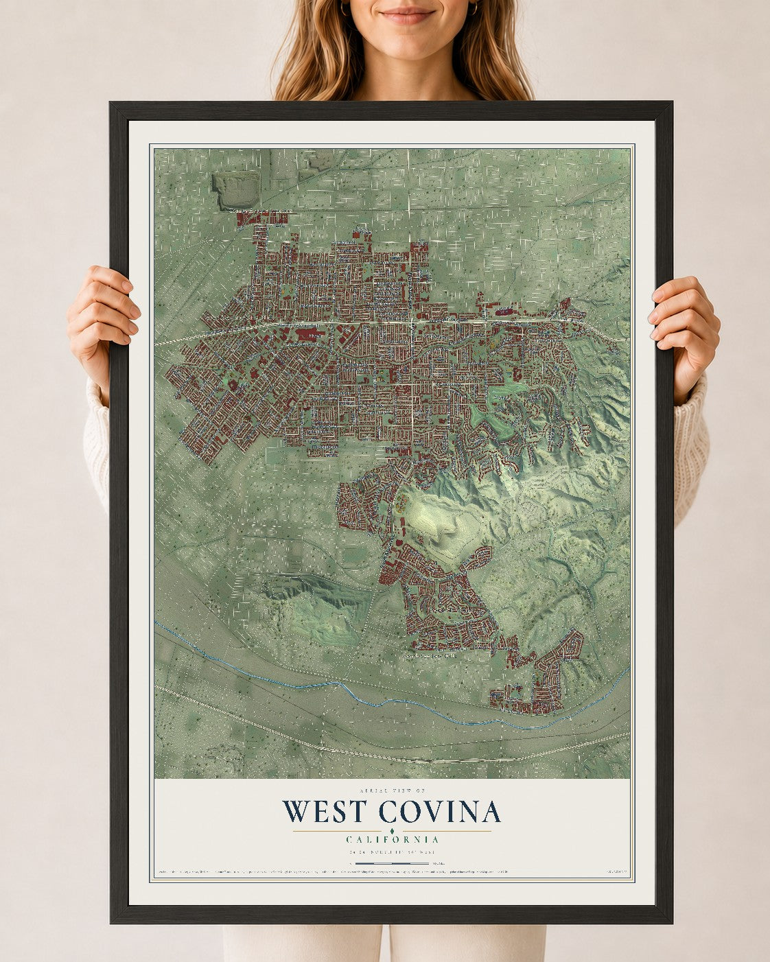 Map of West Covina, California, 24 x 36 inch print in a black wood frame