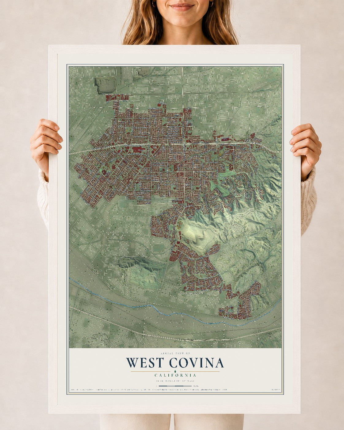 Map of West Covina, California, 24 x 36 inch print in a white wood frame