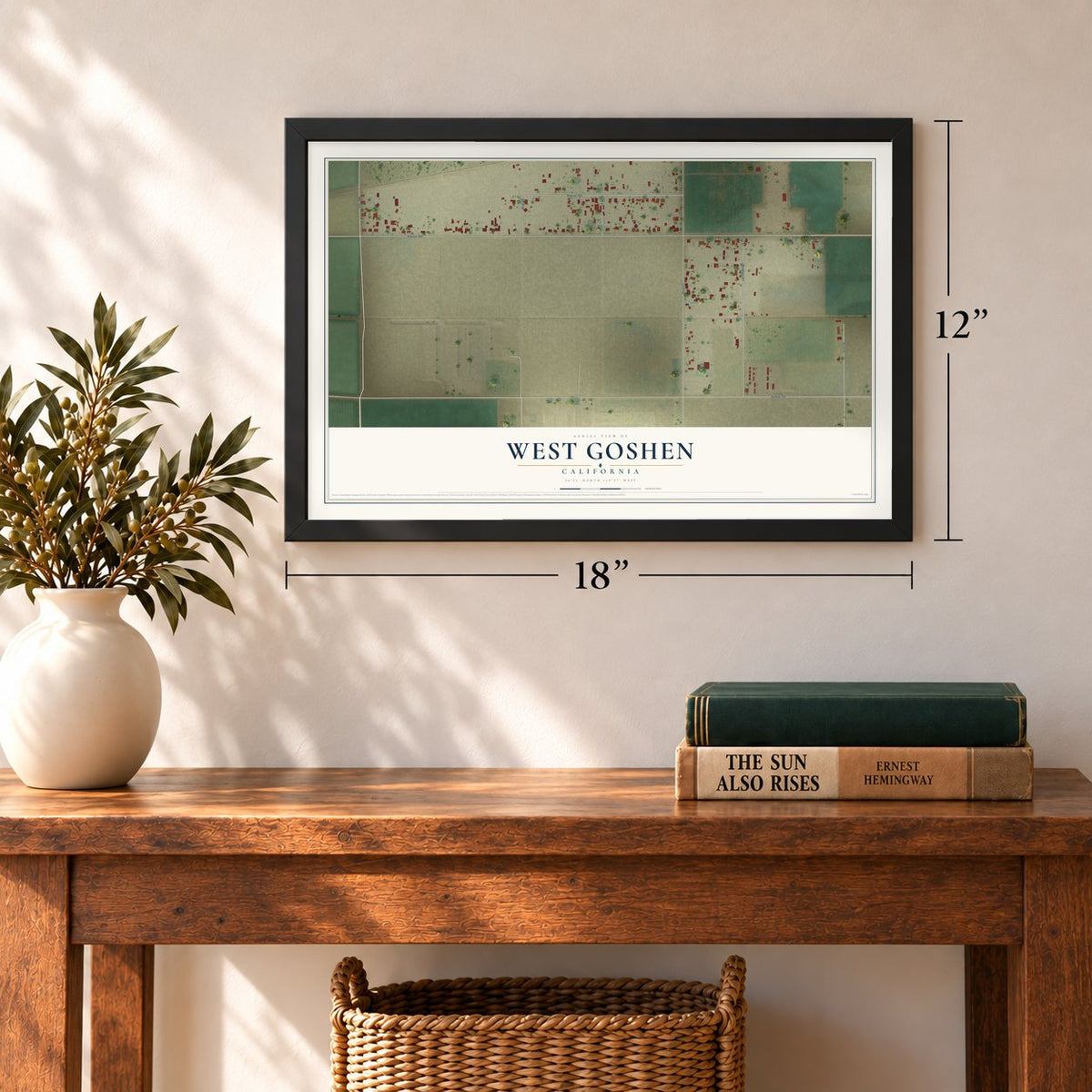 West Goshen, California map, 12 x 18 inch print in a black frame in an entryway