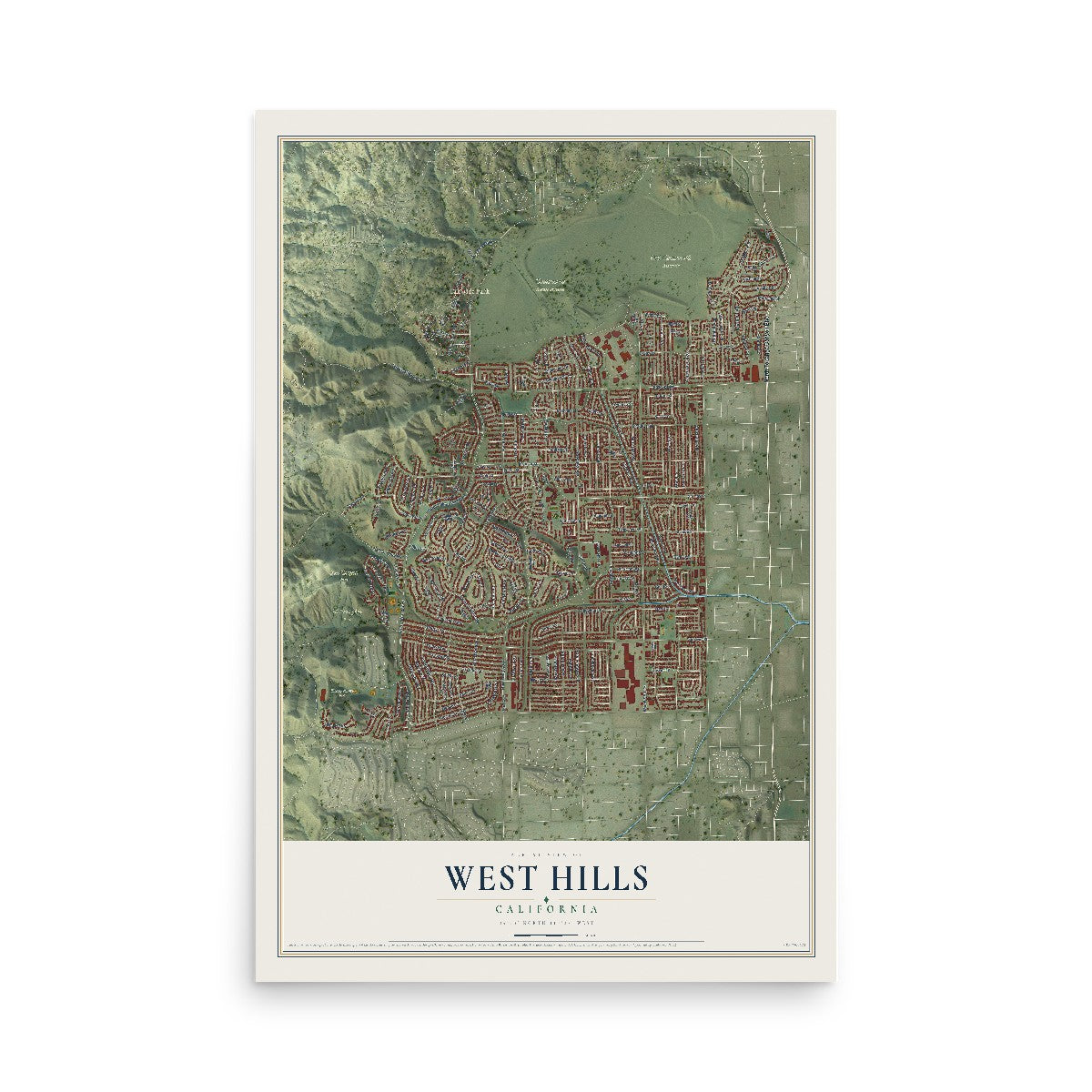 Map of West Hills, California, 12 x 18 inch unframed archival matte print