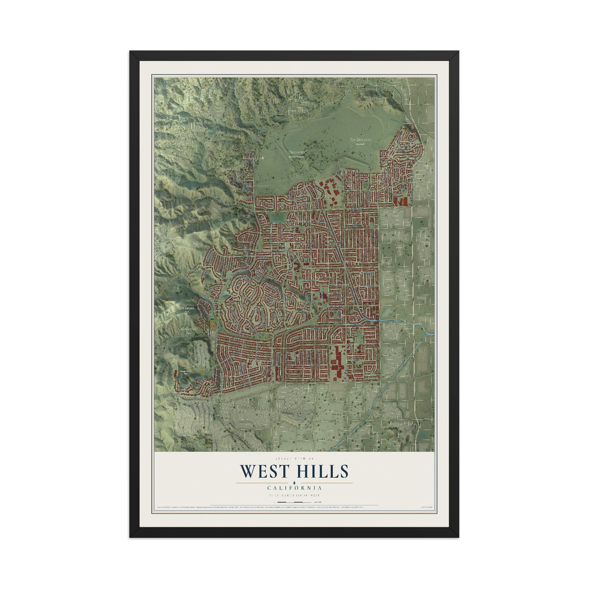 Map of West Hills, California, 12 x 18 inch print in a black wood frame