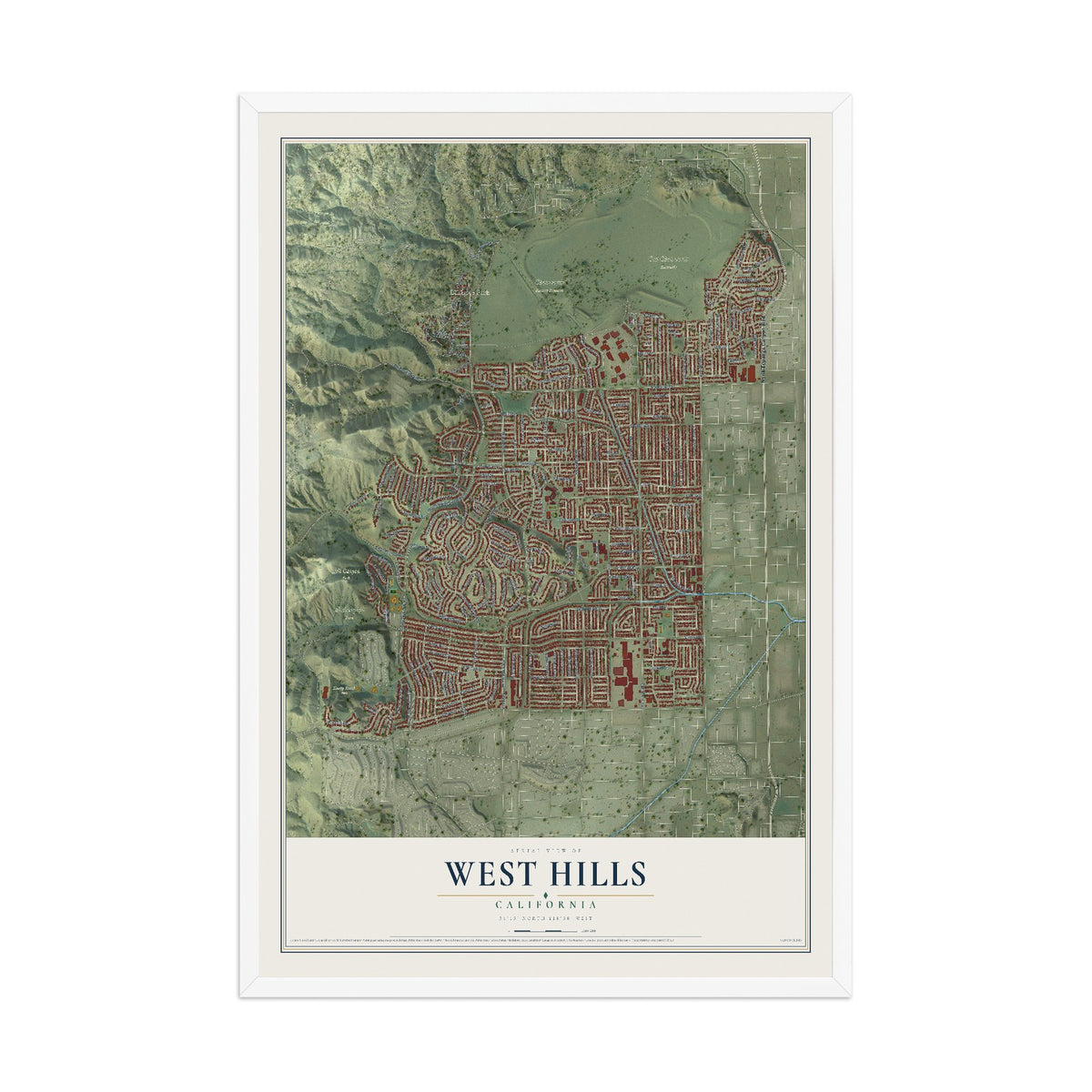 Map of West Hills, California, 12 x 18 inch print in a white wood frame
