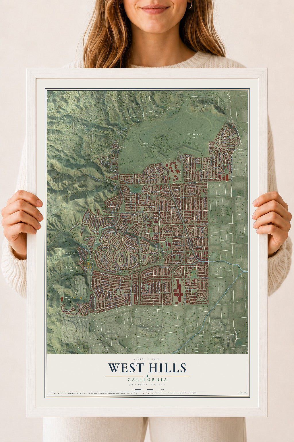 Map of West Hills, California, 18 x 24 inch print in a white wood frame