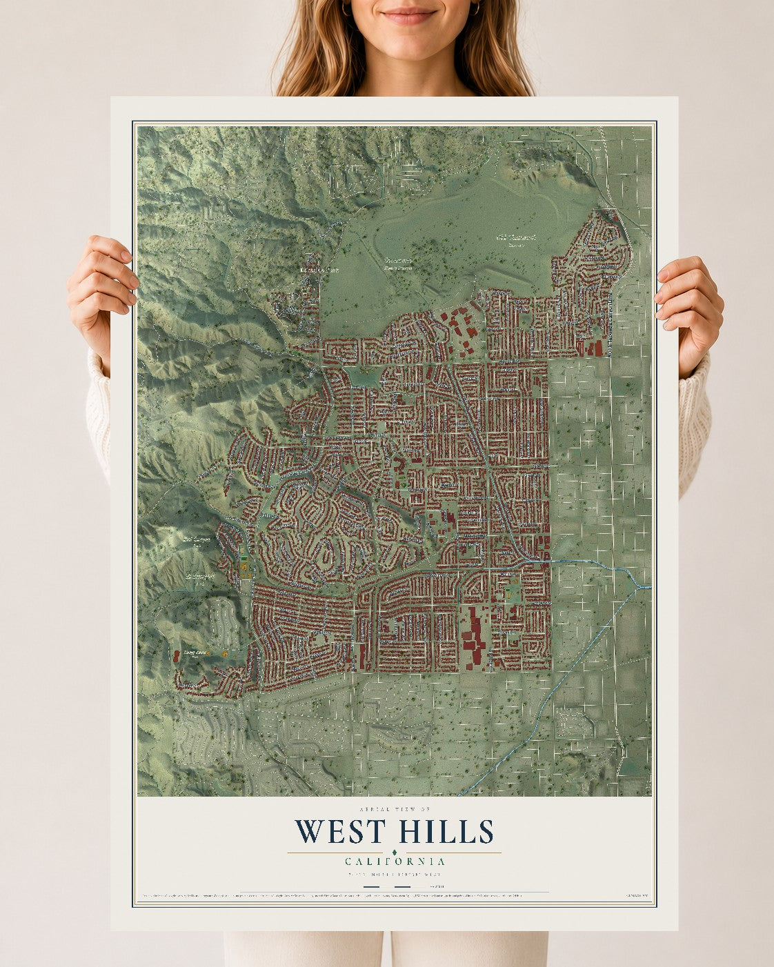 Map of West Hills, California, 24 x 36 inch unframed archival matte print