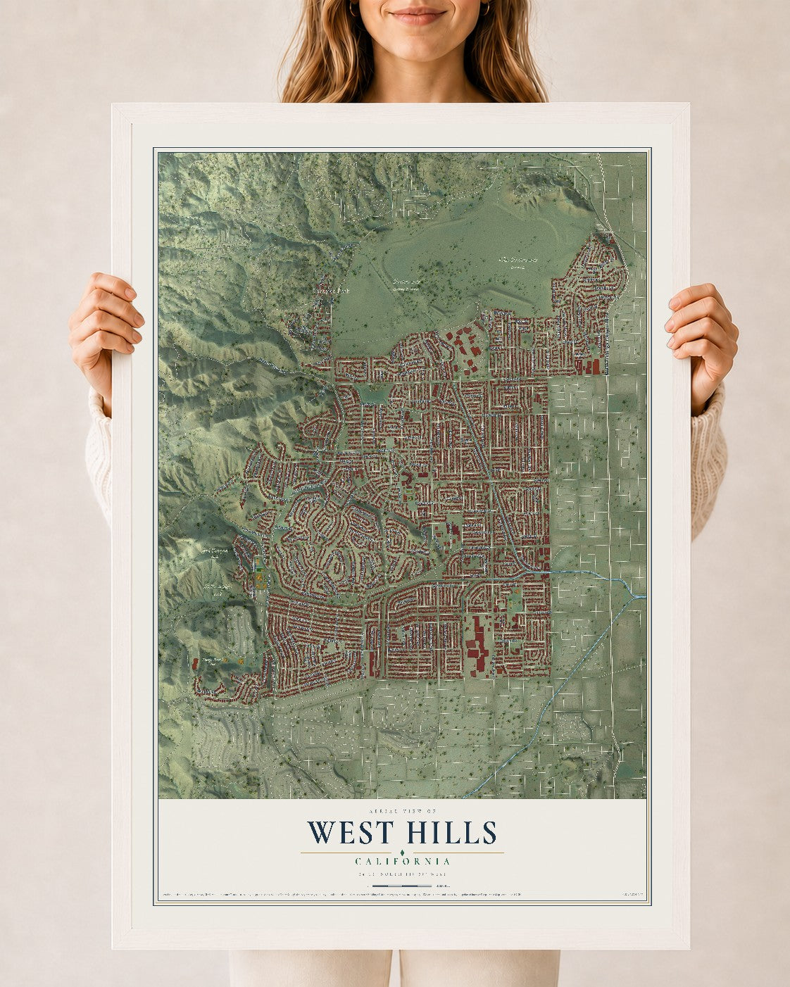 Map of West Hills, California, 24 x 36 inch print in a white wood frame