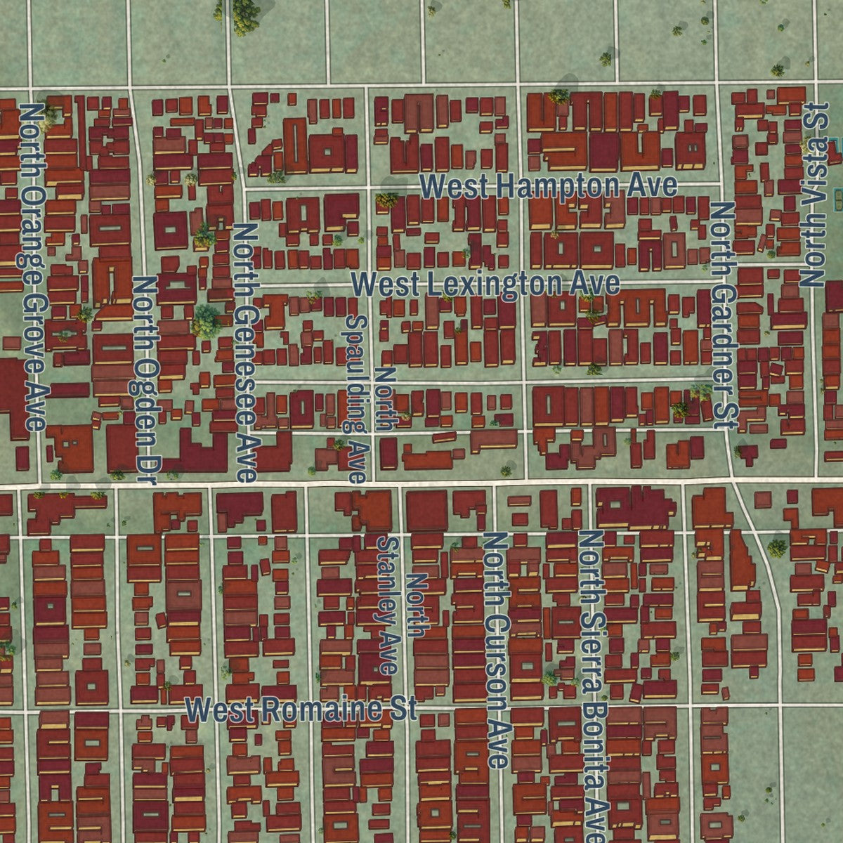 Second close-up of the map of West Hollywood, California print showing more streets and buildings