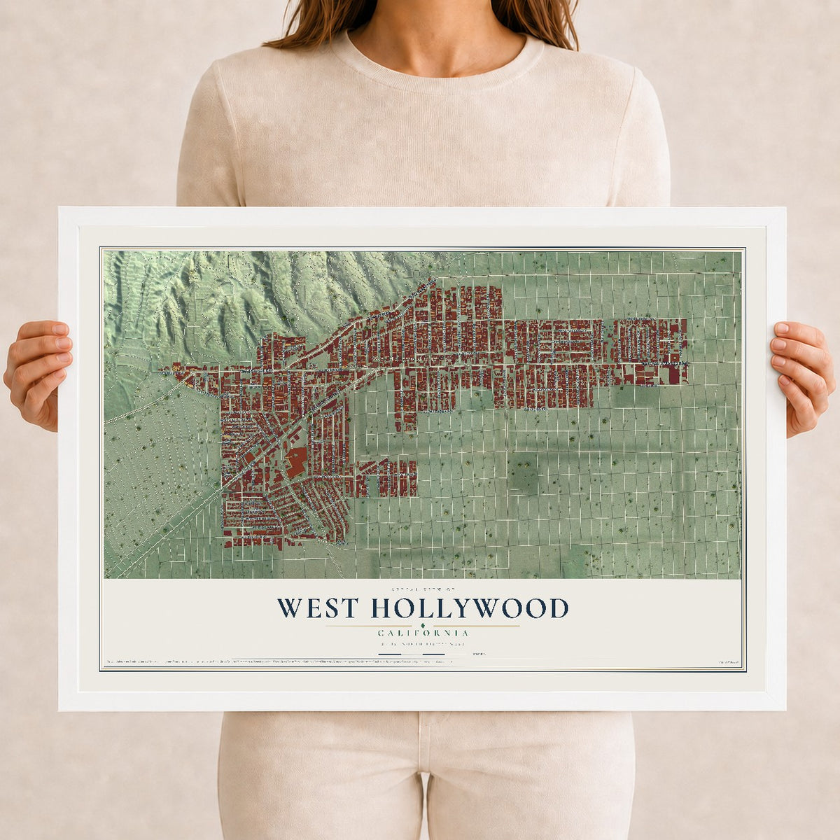 Map of West Hollywood, California, 12 x 18 inch print in a white wood frame