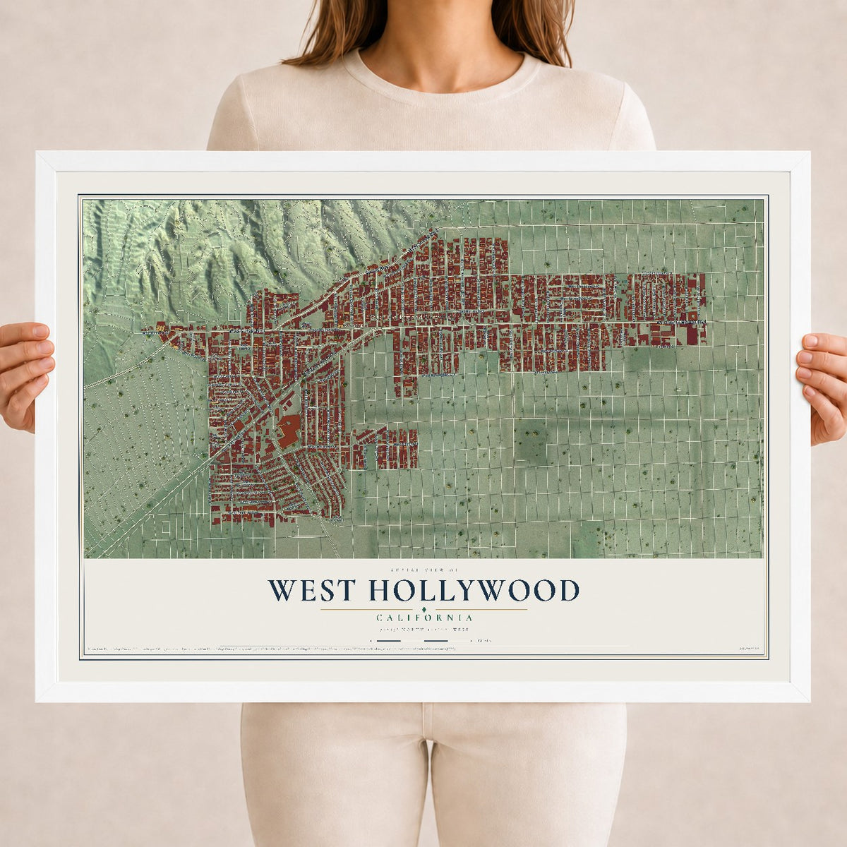 Map of West Hollywood, California, 18 x 24 inch print in a white wood frame