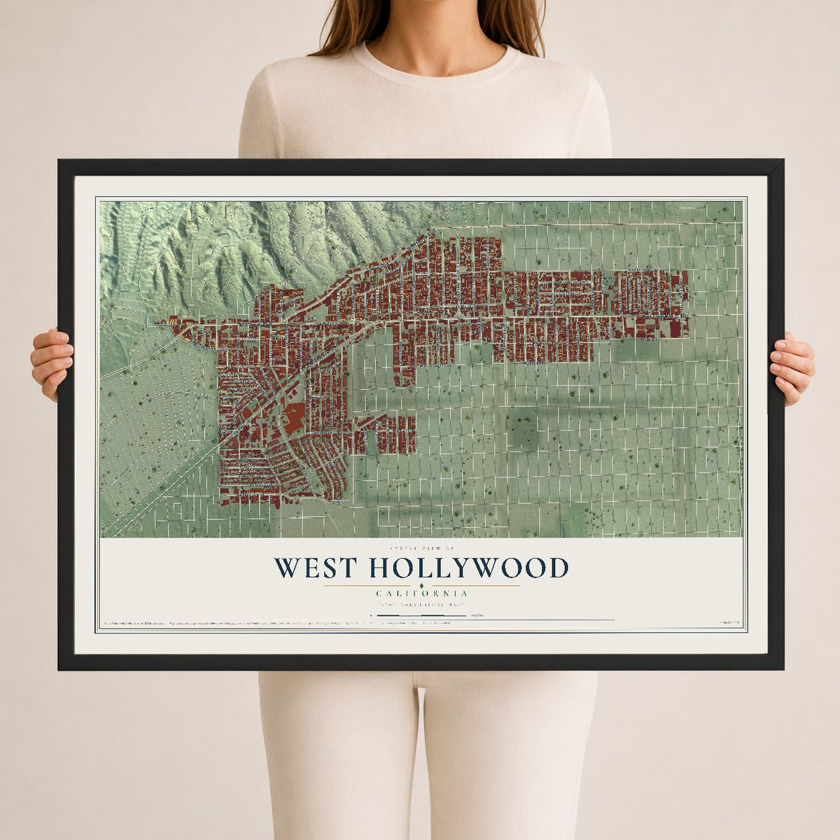 Map of West Hollywood, California, 24 x 36 inch print in a black wood frame