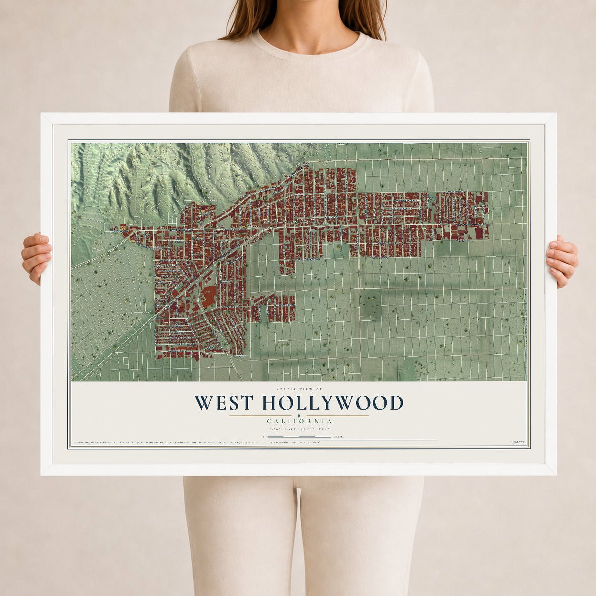 Map of West Hollywood, California, 24 x 36 inch print in a white wood frame