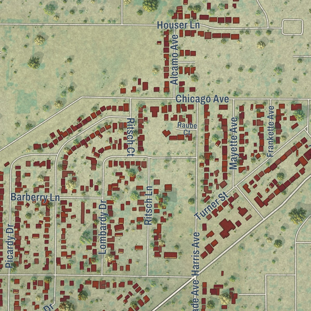 Close-up of the map of West Modesto, California print showing street and building detail