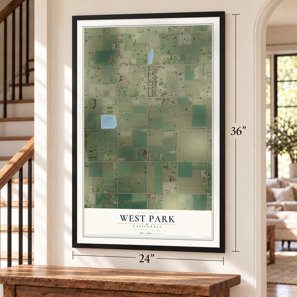 West Park, California map, 24 x 36 inch print in a black frame by a staircase