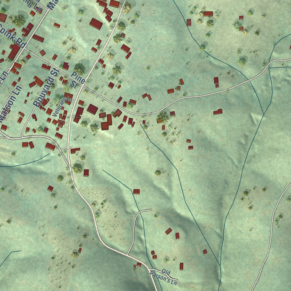 Close-up of the map of West Point, California print showing street and building detail