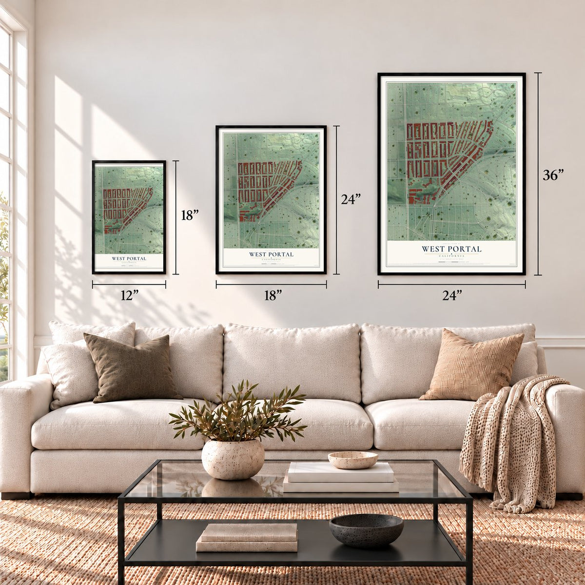 West Portal, California map in 12 x 18, 18 x 24 and 24 x 36 inch sizes above a sofa