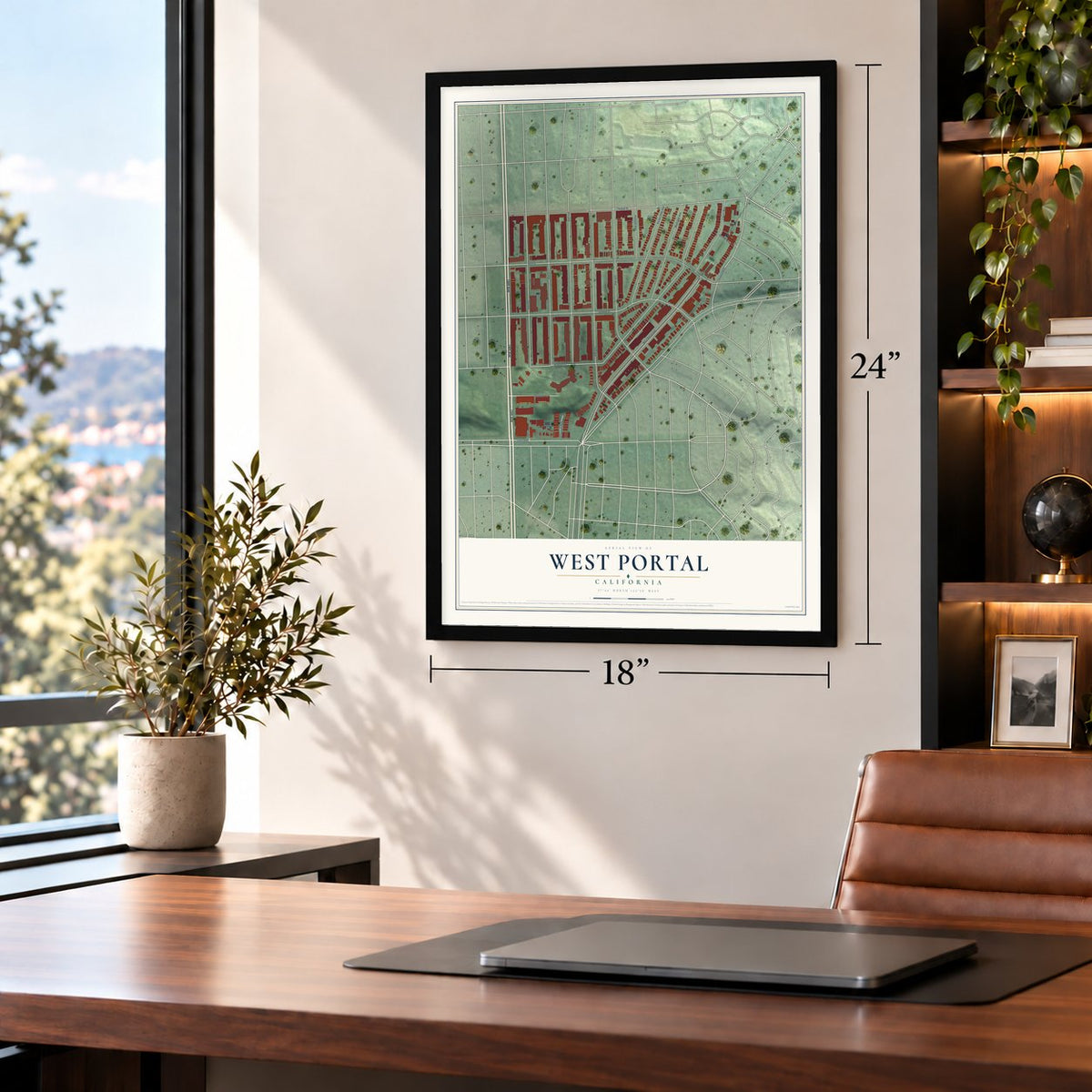 West Portal, California map, 18 x 24 inch print in a black frame in a home office