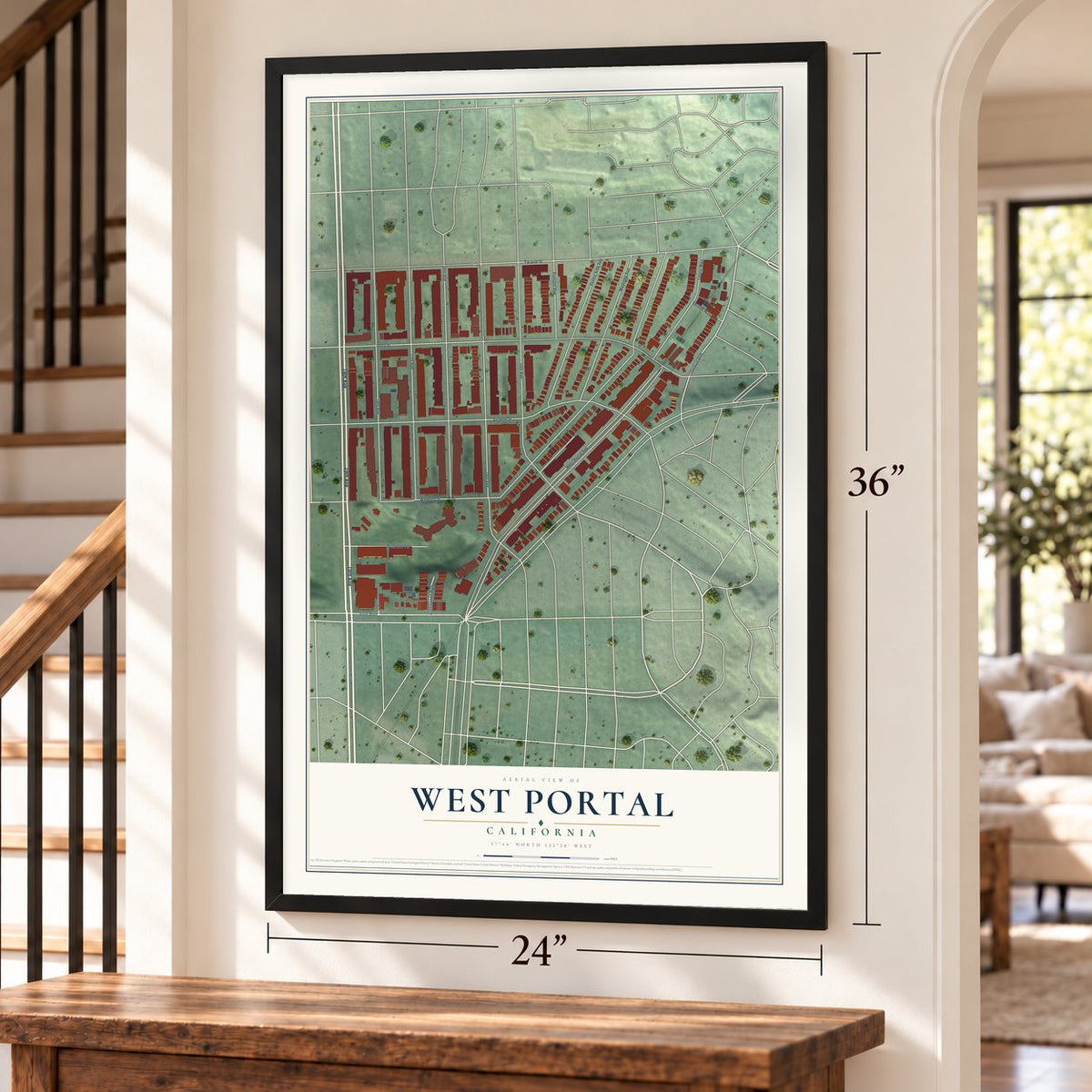 West Portal, California map, 24 x 36 inch print in a black frame by a staircase