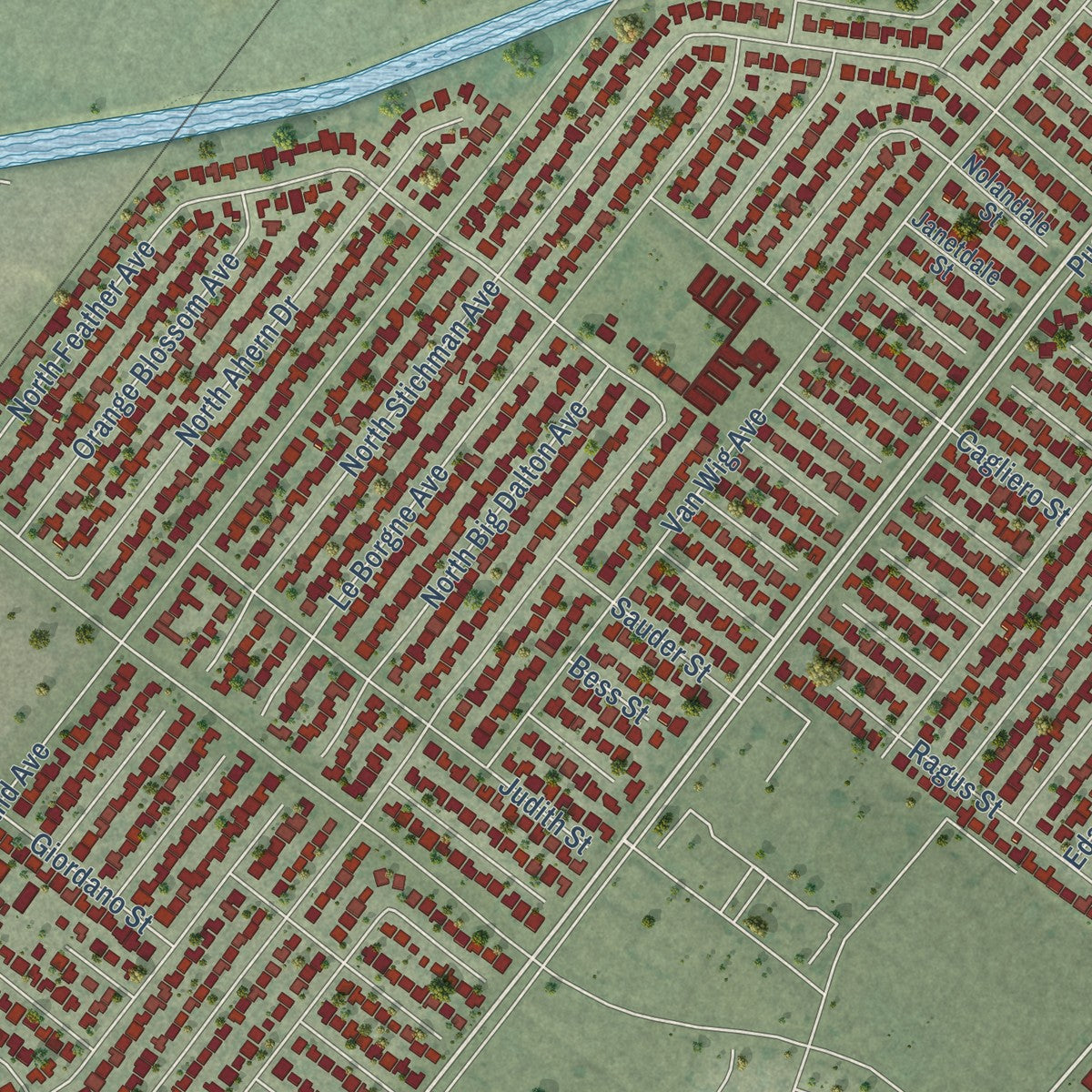 Close-up of the map of West Puente Valley, California print showing street and building detail