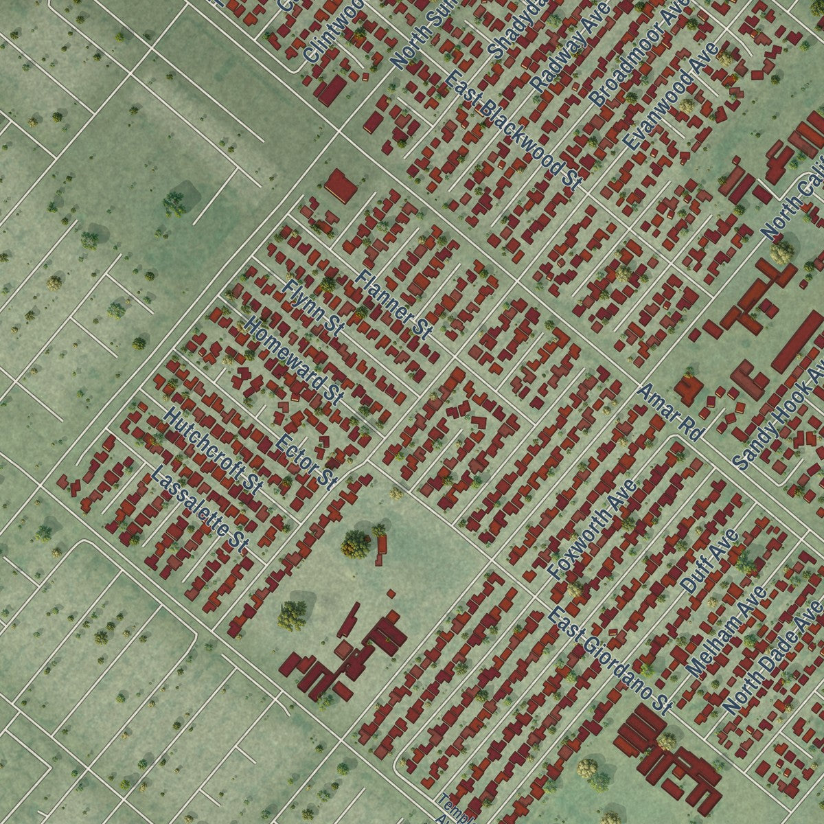 Second close-up of the map of West Puente Valley, California print showing more streets and buildings