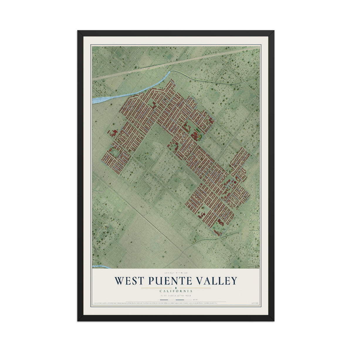 Map of West Puente Valley, California, 12 x 18 inch print in a black wood frame