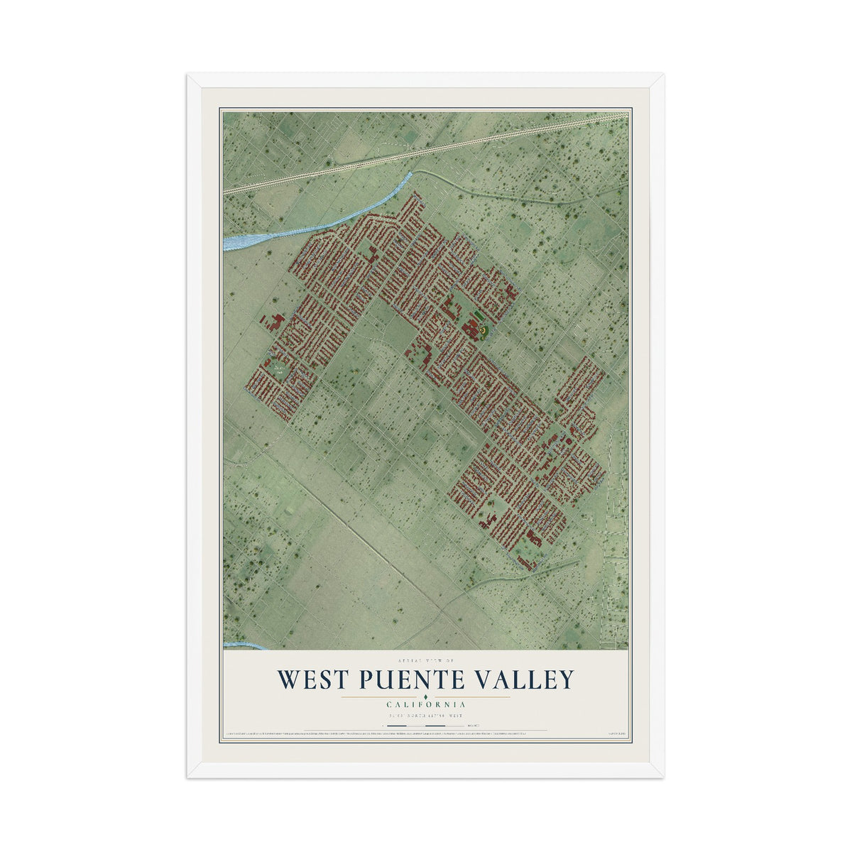 Map of West Puente Valley, California, 12 x 18 inch print in a white wood frame