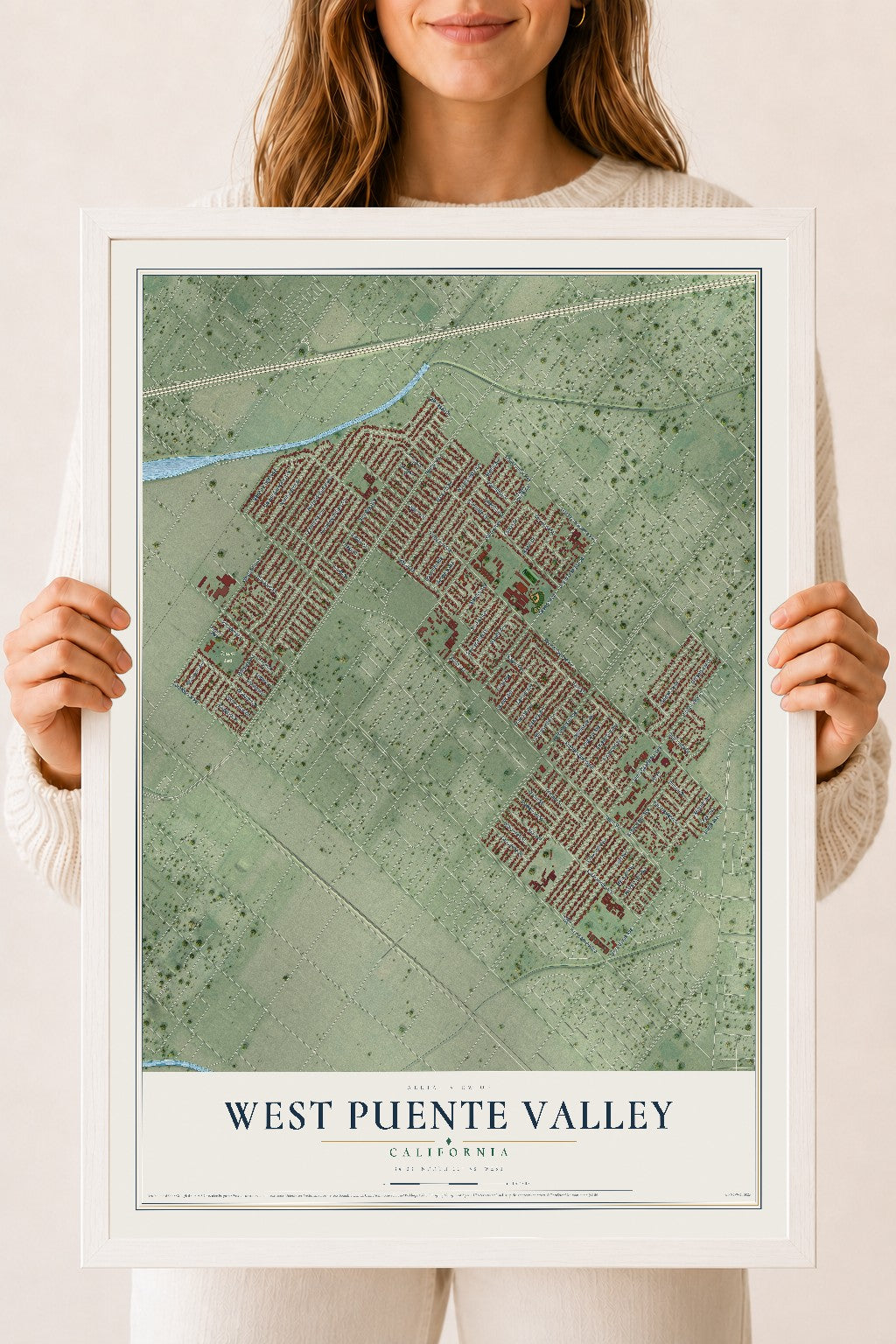 Map of West Puente Valley, California, 18 x 24 inch print in a white wood frame