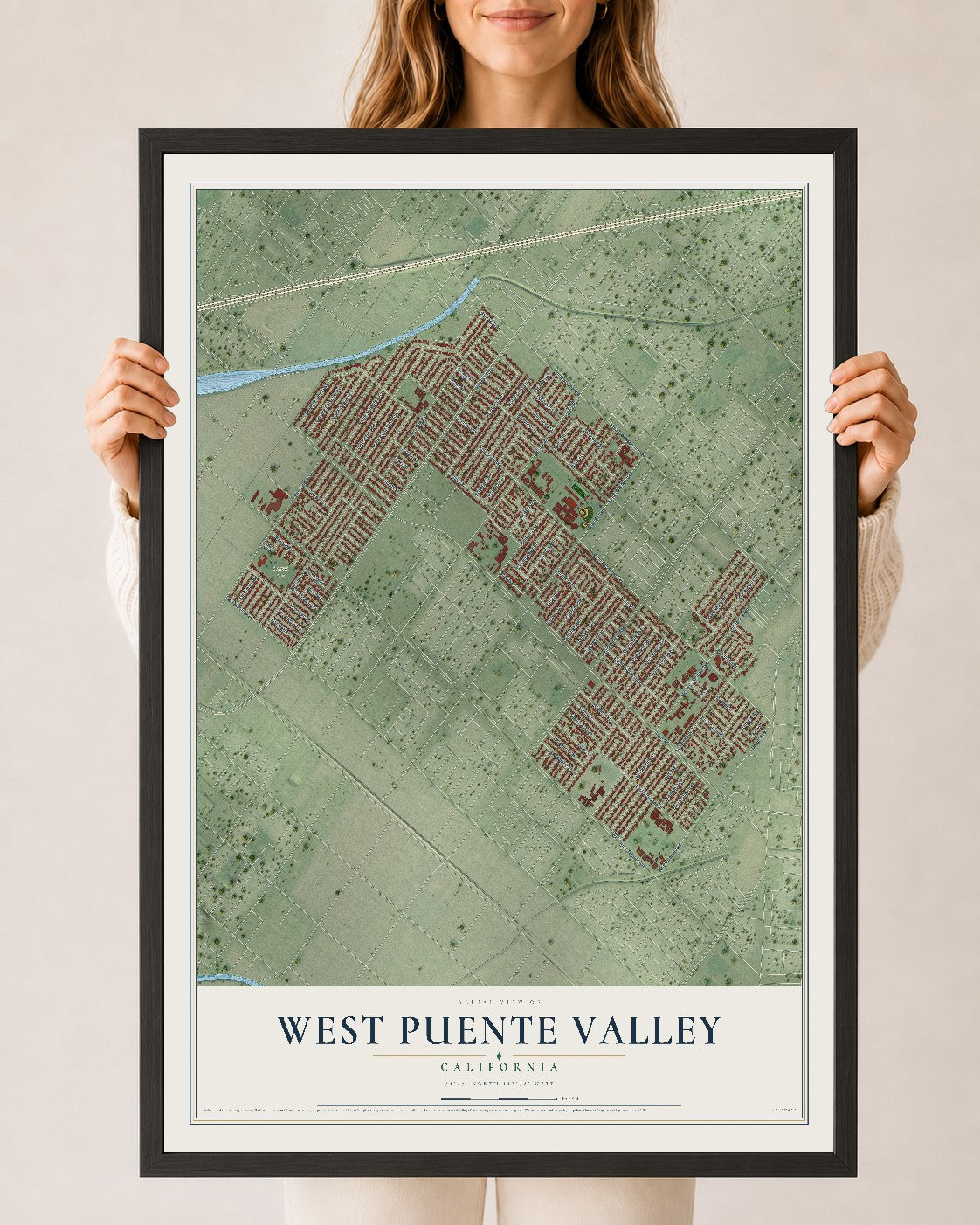 Map of West Puente Valley, California, 24 x 36 inch print in a black wood frame
