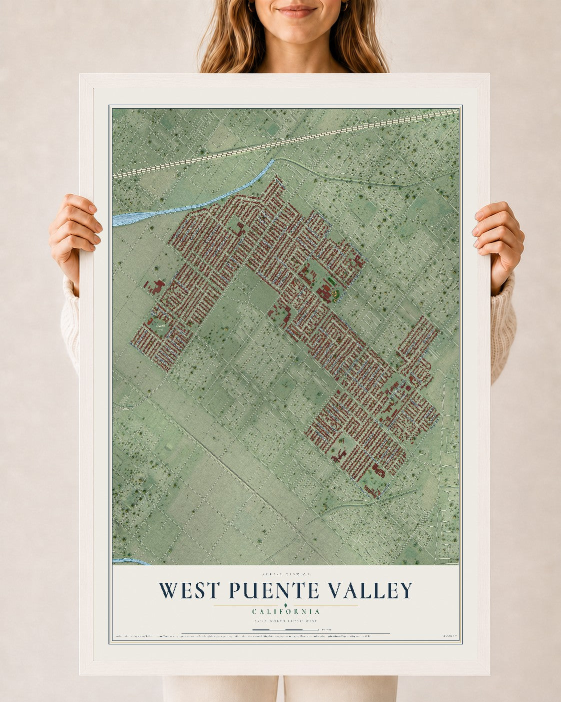 Map of West Puente Valley, California, 24 x 36 inch print in a white wood frame